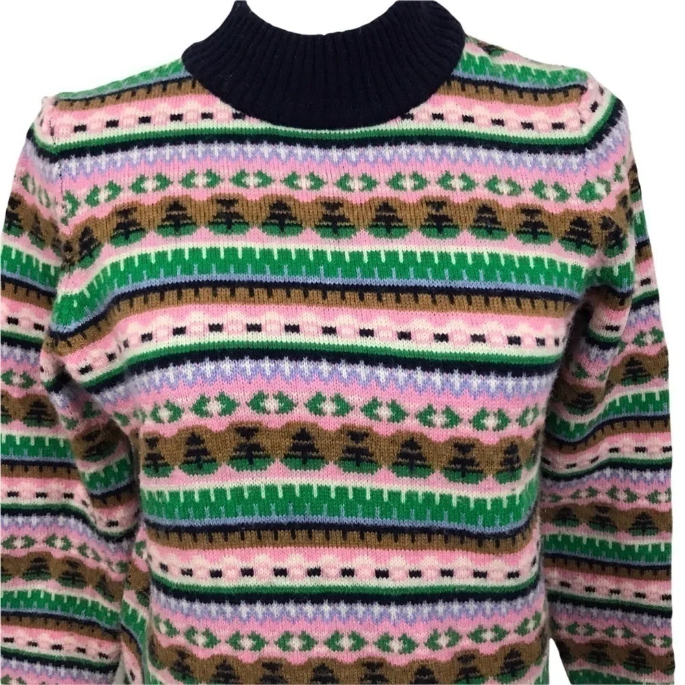 J Crew Mock Neck Fair Isle Green Pink Navy Blue Knit Pullover Sweater Small.